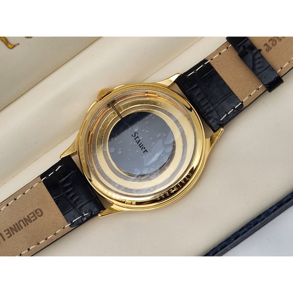 Rare Stauer Mens Gold Tone Crystal Dial Open Watch NOS - New Battery - Picture 8 of 13